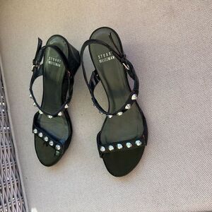 Stuart Weitzman Black Strappy Sandals with Pearl Embellishments